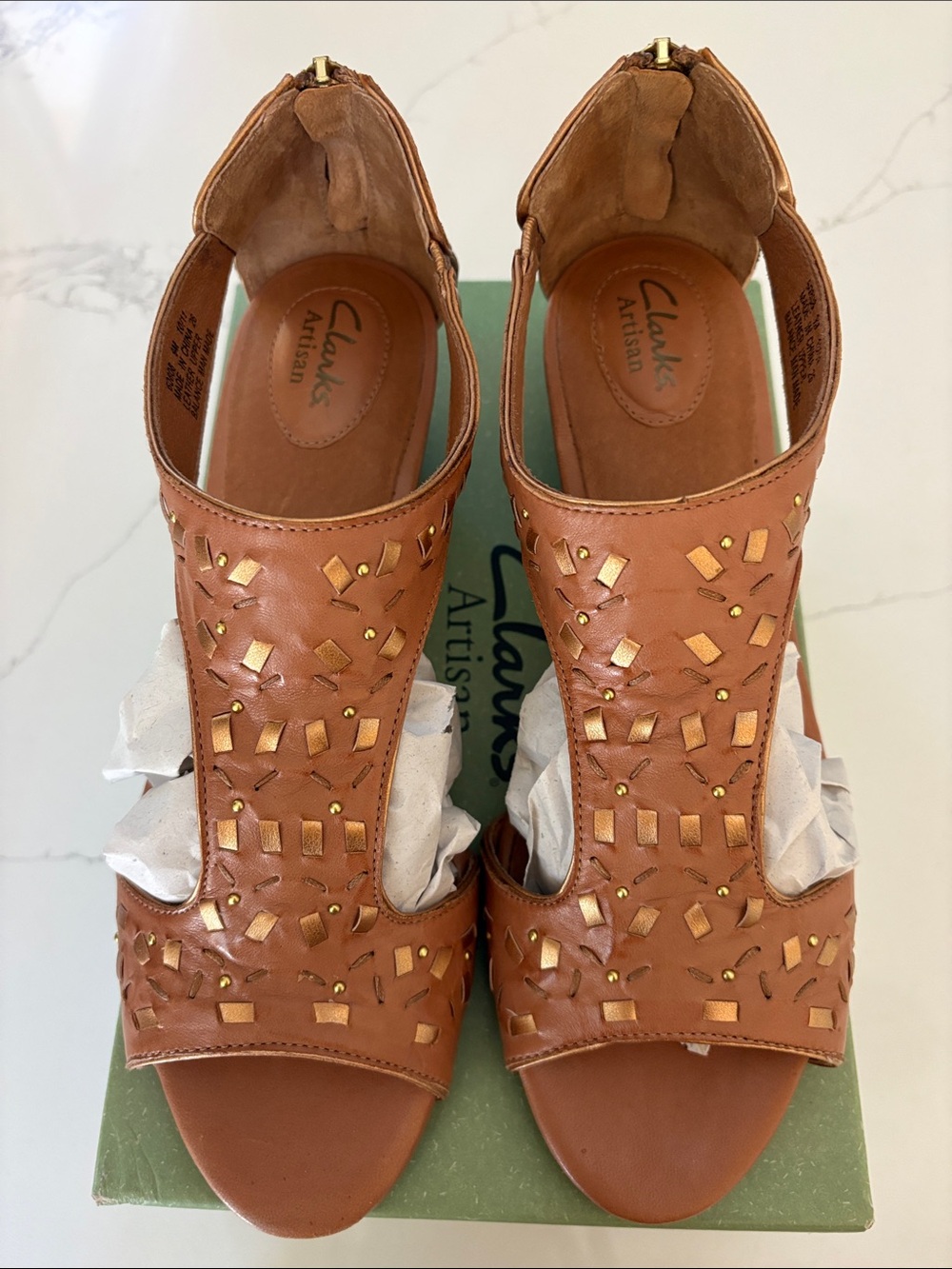 Clarks Artisan Brown Leather Open-Toe Heels with Gold Stud Details